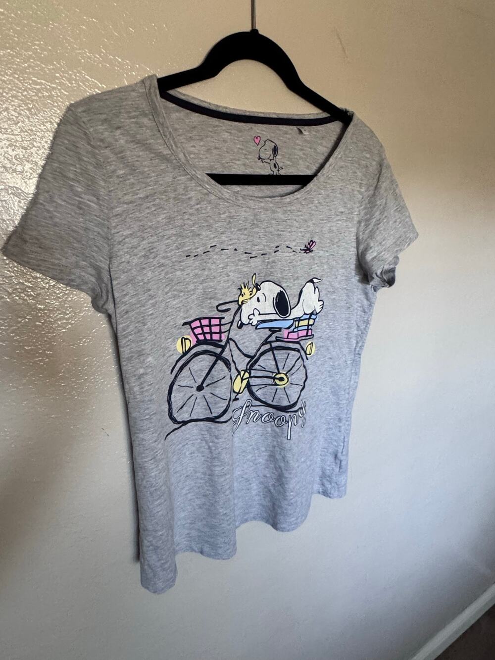 Peanuts Snoopy Woodstock Bicycle Graphic T-Shirt Gray C&A European Import Med